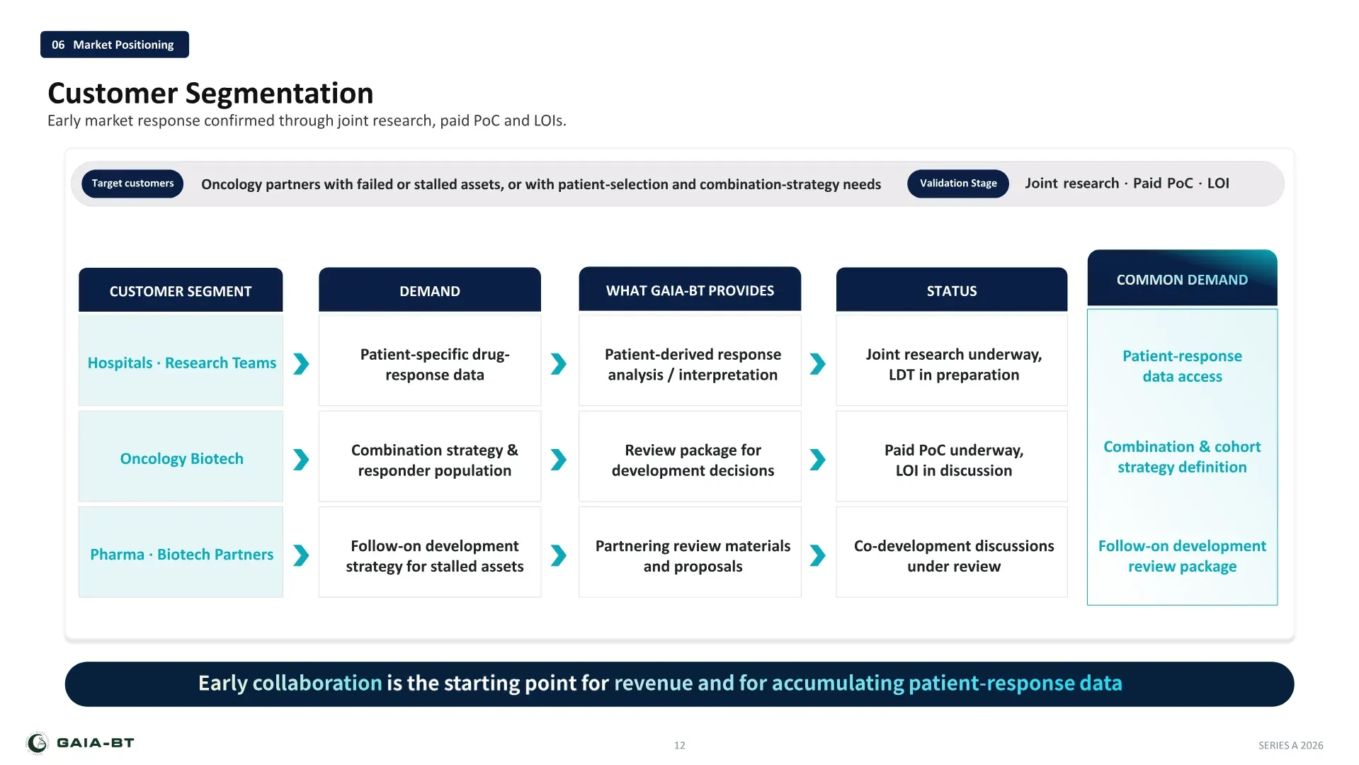 Market positioning: customer segmentation — segments, demand, what GAIA-BT provides and status
