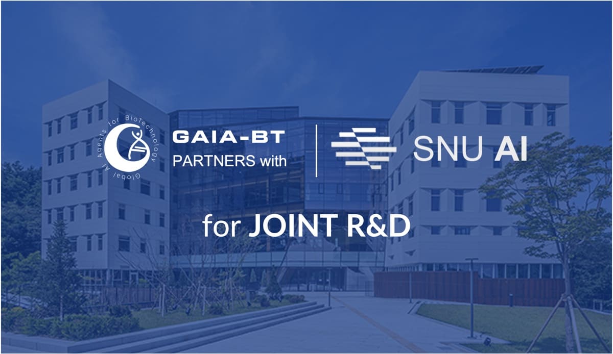 Banner announcing GAIA-BT's MOU with Seoul National University's AI Institute, over a photo of the university building.