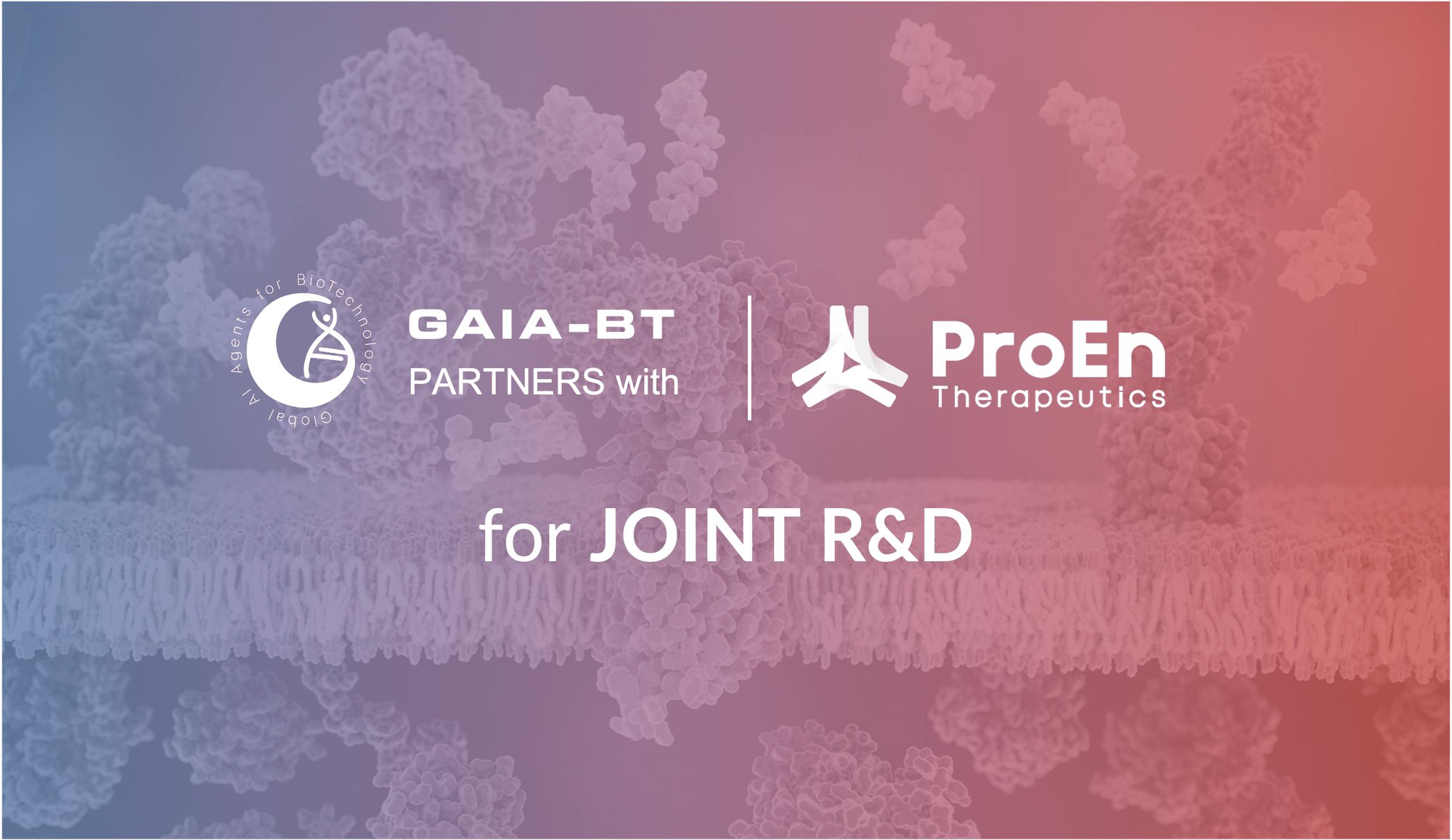 Banner announcing GAIA-BT's partnership with ProEn Therapeutics for joint R&D, over a molecular structure background.